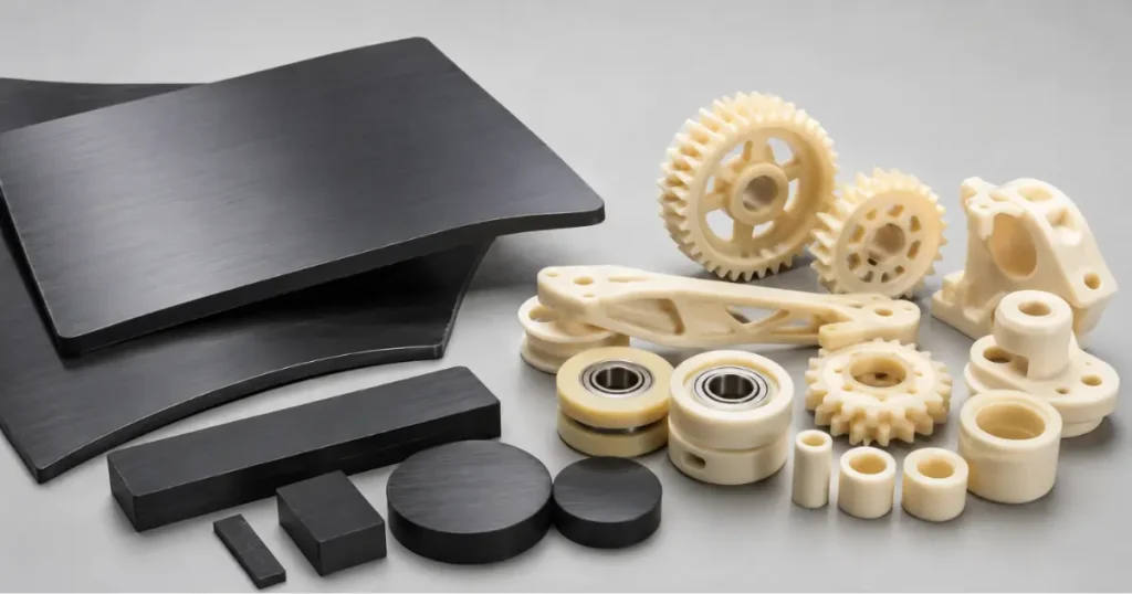 High-impact resistant Semolar UHMWPE ski base material and Recalon PA6 nylon bicycle components showing wear resistance.