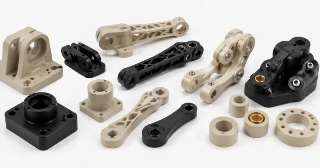 Custom CNC machined engineering plastic structural components including lightweight robotic linkages and articulated joints made from PEEK and PPS.