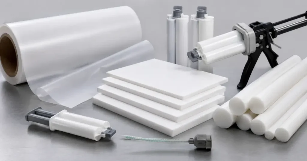 Technical guide showing how to bond engineering plastics including PTFE film, Saferlon PTFE sheets, and Qunsail POM rods using specialized structural adhesives.