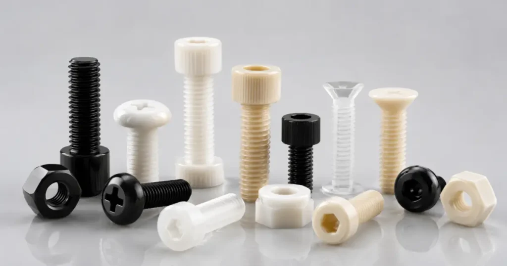 Precision machined and polished plastic screws showing high-gloss surface finish and deburred edges