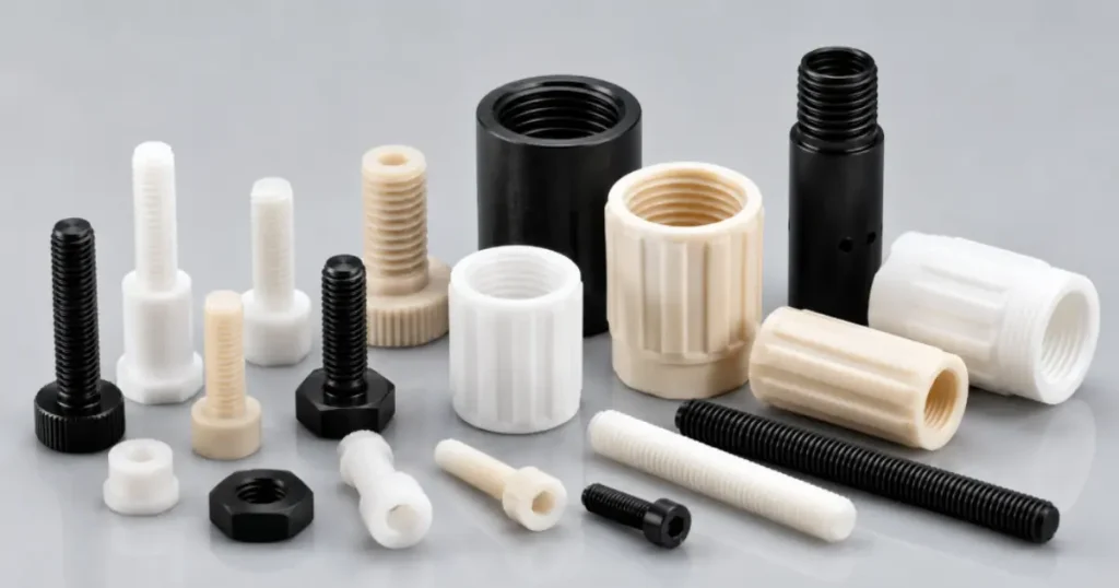 Precision plastic thread machining displaying internal and external threaded custom plastic screws and tubes