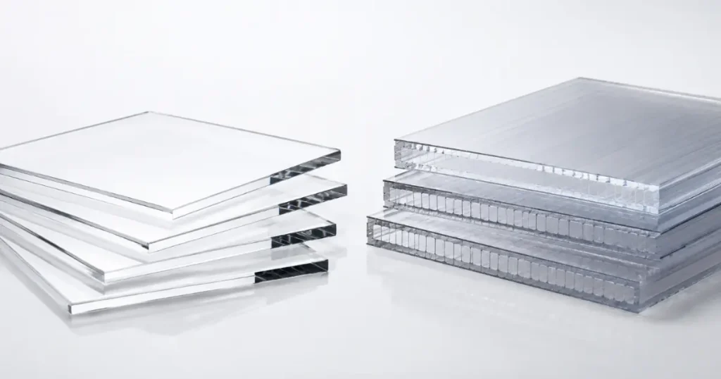 Comparison between Lasenic PMMA acrylic sheet and Benlonate PC polycarbonate sheet showcasing clarity and toughness.