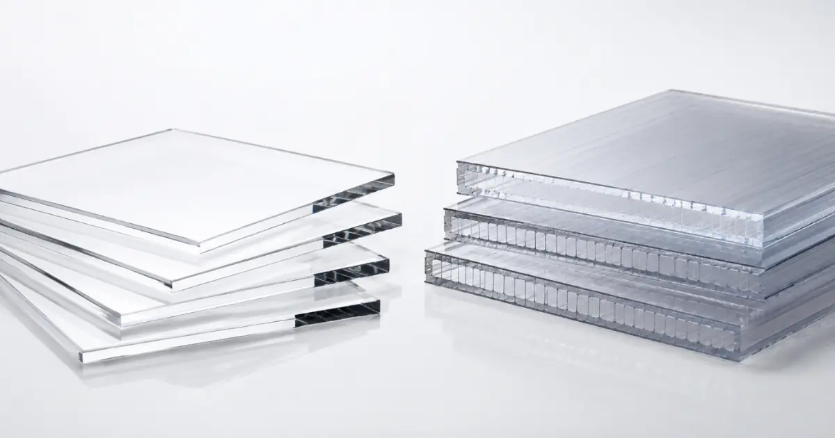 Comparison between Lasenic PMMA acrylic sheet and Benlonate PC polycarbonate sheet showcasing clarity and toughness.