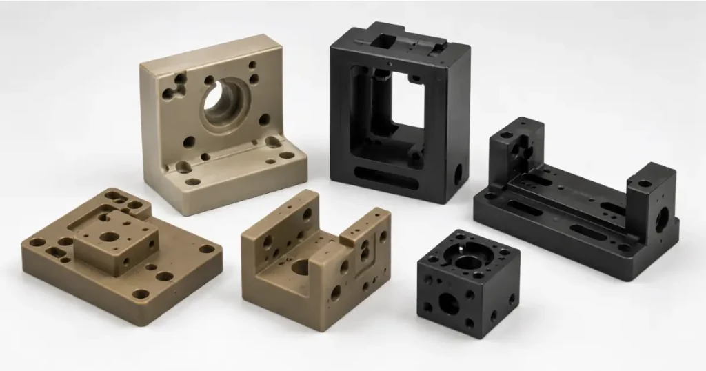 Custom CNC machined Sufoner PPS and Lasenic ABS-PC30 plastic measurement gauge bases and structural housings demonstrating high dimensional stability.