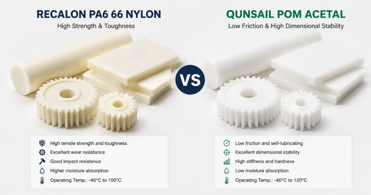 Comparison of Recalon PA6 66 Nylon and Qunsail POM Acetal rods and sheets for custom wear resistant engineering gears.