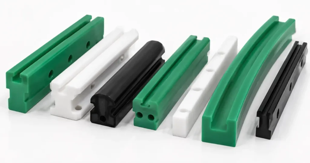 Semolar UHMWPE packaging line guide rails and wear-resistant profiles for PET bottle conveyor lines.