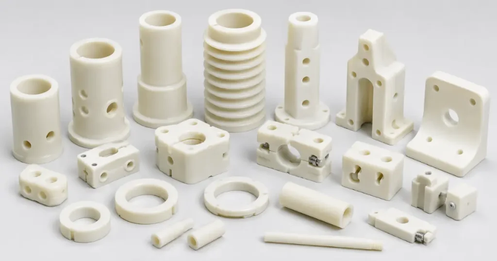 Custom CNC machined Recalon PA6 66 nylon components for high-voltage insulators, wire clamps, and tap changers.