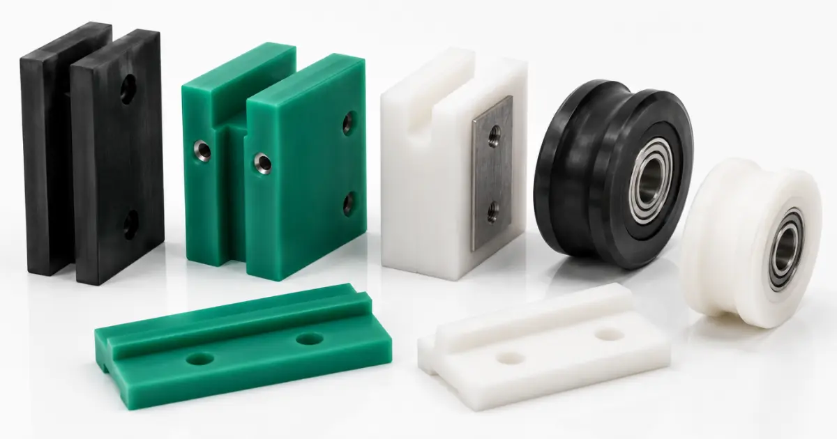 Custom CNC machined Semolar UHMWPE and Saferlon PTFE elevator guide shoes and rollers for vibration and noise reduction.