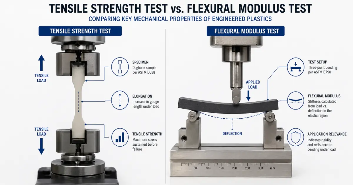 Diagram showing the comparison between tensile strength test and flexural modulus test for custom engineered plastic polymers.